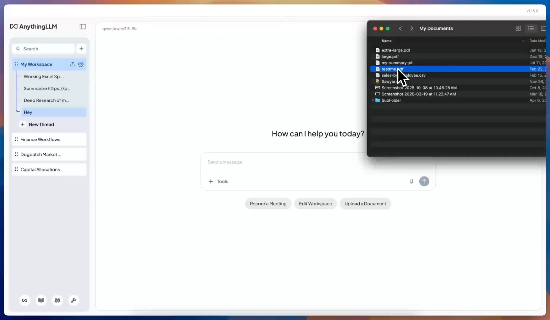 Interface officielle d’AnythingLLM avec un espace documentaire et l’import d’un fichier